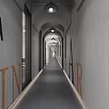 Modern Elevator Hallway With Arched Ceilings Letter Decorations And Recessed Lighting