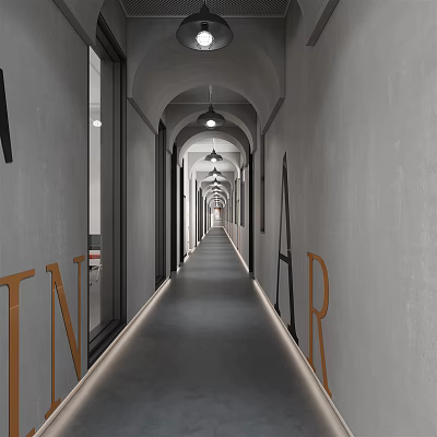 Modern Elevator Hallway With Arched Ceilings Letter Decorations And Recessed Lighting 3d model