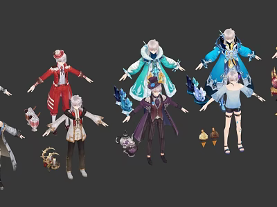 Multiple Game Anime Characters With Different Costumes Standing Poses And Accessories 3d model