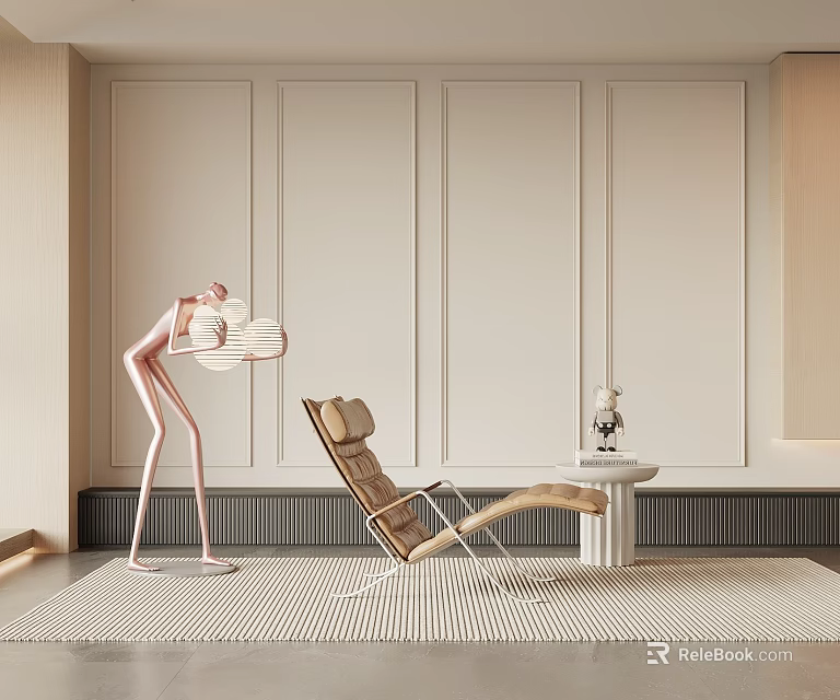 Modern Brown Lounge Chair With Pink Floor Lamp And Striped Rug In Light Colored Room 3d model 