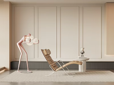 Modern Brown Lounge Chair With Pink Floor Lamp And Striped Rug In Light Colored Room 3d model