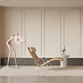 Modern Brown Lounge Chair With Pink Floor Lamp And Striped Rug In Light Colored Room
