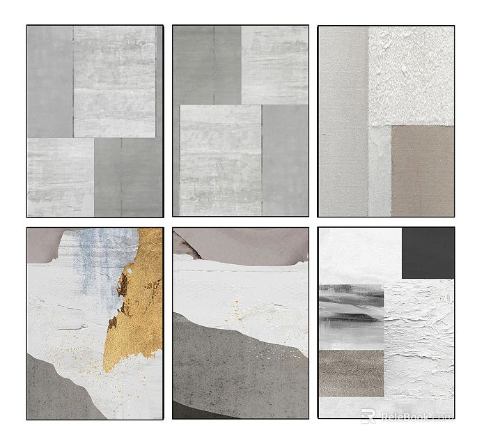 Modern Minimalist Abstract Wall Art With Gray White Beige Gold Black Textured Panels 3d model 