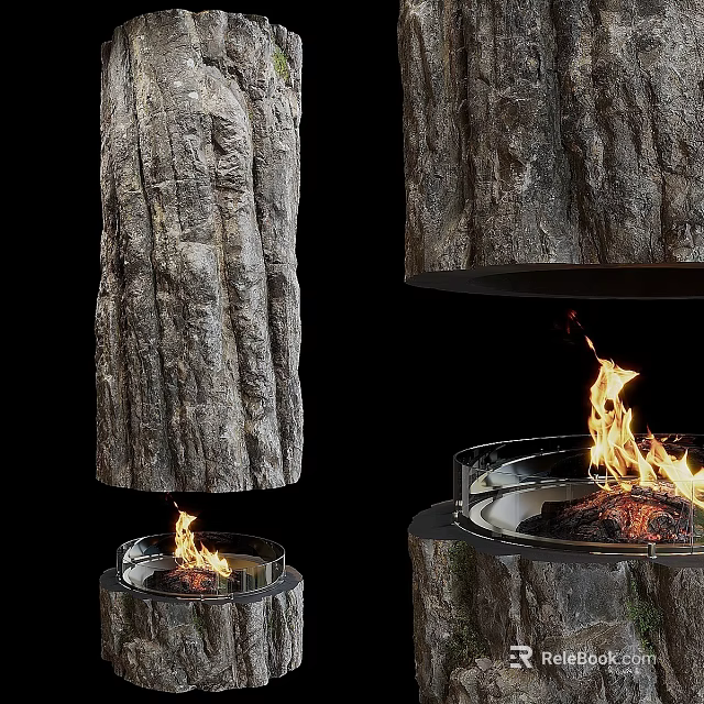 Modern Bark Textured Fire Pit With Flames And Metal Base Design 3d model 
