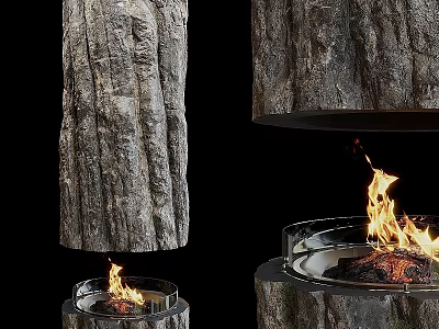 Modern Bark Textured Fire Pit With Flames And Metal Base Design 3d model