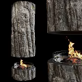 Modern Bark Textured Fire Pit With Flames And Metal Base Design