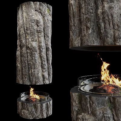 Modern Bark Textured Fire Pit With Flames And Metal Base Design 3d model