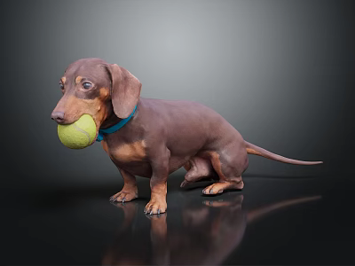 Dachshund With Blue Collar Holding Tennis Ball Standing On Black Reflective Surface Against Dark Background 3d model