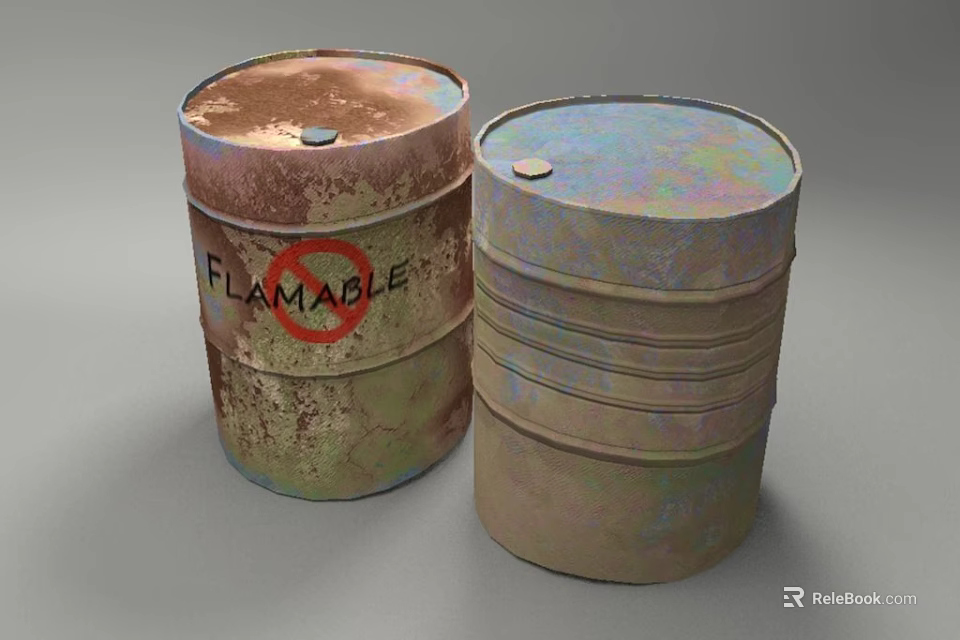Old Rustic Industrial Drums As Storage Equipment With Flammable Warning Label 3d model 