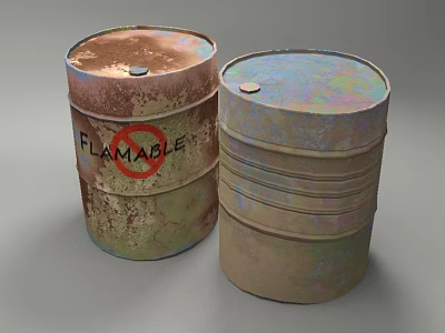 Old Rustic Industrial Drums As Storage Equipment With Flammable Warning Label 3d model