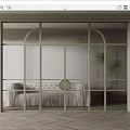 Elegant Modern Sliding Doors Interior Design in Living Room with Tufted Sofa Plants Herringbone Floor