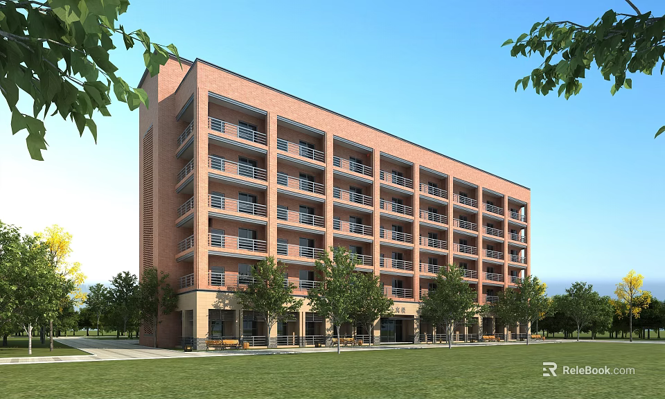 Red Brick Multi Story School Building With Balconies Surrounded By Green Trees And Open Lawn 3d model 