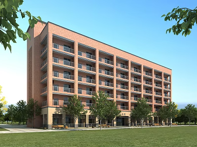 Red Brick Multi Story School Building With Balconies Surrounded By Green Trees And Open Lawn 3d model