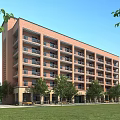 Red Brick Multi Story School Building With Balconies Surrounded By Green Trees And Open Lawn
