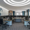 Modern Conference Room With Circular Meeting Table Multiple Screens And World Map Wall