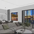 Modern Living And Dining Room Interior Design With Sofa Dining Table City View Windows