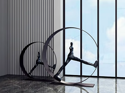 Human Figure Sculpture in Circular Frame Indoor with Marble Floor and Large Window Sky Background 3d model
