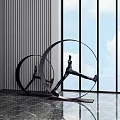 Human Figure Sculpture in Circular Frame Indoor with Marble Floor and Large Window Sky Background