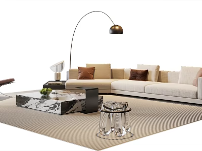 Beige L Shaped Sofa With Brown Cushions And Marble Coffee Table Arched Gold Floor Lamp 3d model