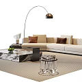 Beige L Shaped Sofa With Brown Cushions And Marble Coffee Table Arched Gold Floor Lamp