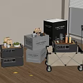 Moving Boxes Fragile Box and Wheeled Cart with Items on Wooden Floor