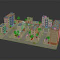 Modern Urban Cityscape Model Featuring Colorful Buildings Streets Palm Trees And Red Car