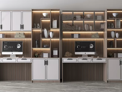 Modern Bookshelf Design With Layered Shelves Lighting Desks And Computers 3d model