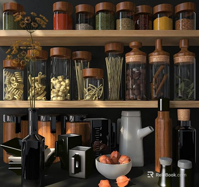 Glass Spice Jars With Wooden Lids On Kitchen Shelf And Pasta Storage Containers 3d model 