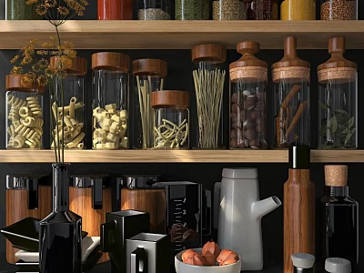 Glass Spice Jars With Wooden Lids On Kitchen Shelf And Pasta Storage Containers 3d model