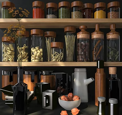 Glass Spice Jars With Wooden Lids On Kitchen Shelf And Pasta Storage Containers 3d model