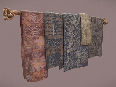 Colorful Scarves With Different Traditional Patterns Hanging On A Wooden Rod 3d model
