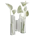 Transparent Glass Cylindrical Vases With Red Anthurium Flowers And Green Pink Leaves