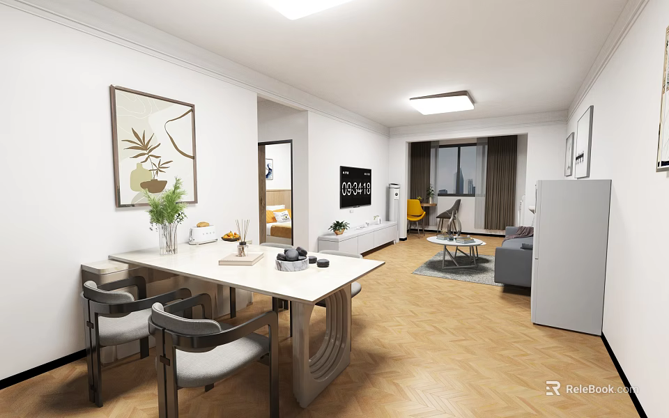 Modern Dining and Living Room Interior With Dining Table Chairs Sofa TV Plants and Art 3d model 