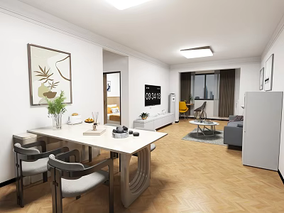 Modern Dining and Living Room Interior With Dining Table Chairs Sofa TV Plants and Art 3d model