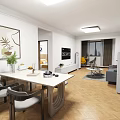 Modern Dining and Living Room Interior With Dining Table Chairs Sofa TV Plants and Art