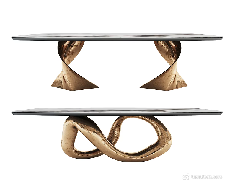 Modern Dining Table With Unique Gold Metal Twist Base And Black Tabletop Design 3d model 