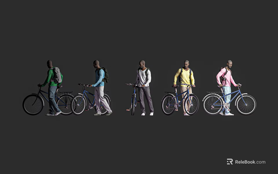 Men Riding Bicycles in Different Colored Clothing Against Gray Background 3d model 