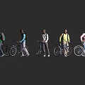 Men Riding Bicycles in Different Colored Clothing Against Gray Background