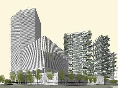 Modern High Rise Buildings With Glass Facades Greenery And Trees Around Area 3d model