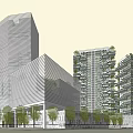 Modern High Rise Buildings With Glass Facades Greenery And Trees Around Area