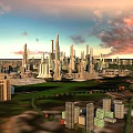Aerial Planning of Modern Urban Cityscape with Skyscrapers Rivers Green Spaces and Boats