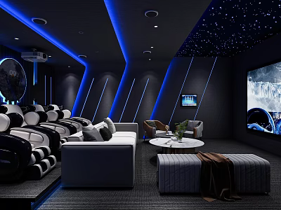 Modern Home Theater Interior With Starry Ceiling Blue Lighting Large Screen TV And Comfortable Recliner Seats 3d model