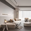 Modern Living Room Interior With Sofa Round Coffee Table TV Floor to Ceiling Window Blinds