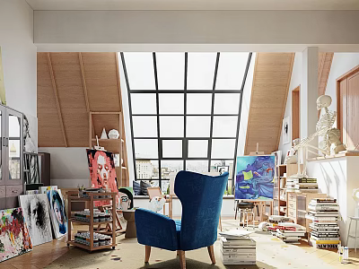 Spacious School Art Studio Featuring Large Windows Blue Chair Easels Paint Supplies Books And Artworks 3d model