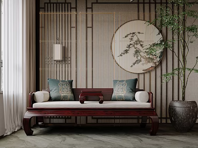 Traditional Chinese Luohan Bed With Wooden Frame Blue Cushions And Decorative Screen 3d model