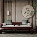 Traditional Chinese Luohan Bed With Wooden Frame Blue Cushions And Decorative Screen