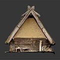 Traditional Log Cabin With Moss Covered Thatch Roof Log Walls Small Chairs And Tools