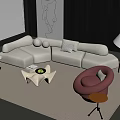 Modern Beige L shaped Sofa and White Coffee Table Set with Pink Chair and Floor Lamp