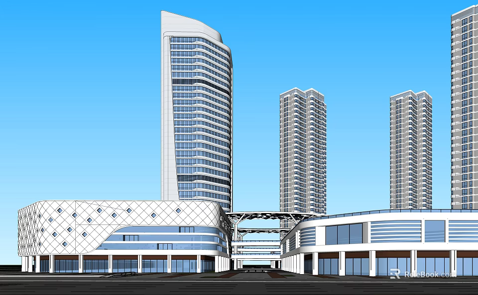 Modern Commercial Street With Tall Buildings Geometric Facades And Pedestrian Bridge 3d model 