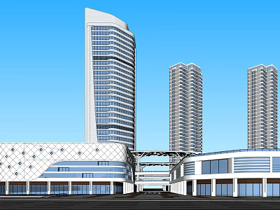 Modern Commercial Street With Tall Buildings Geometric Facades And Pedestrian Bridge 3d model